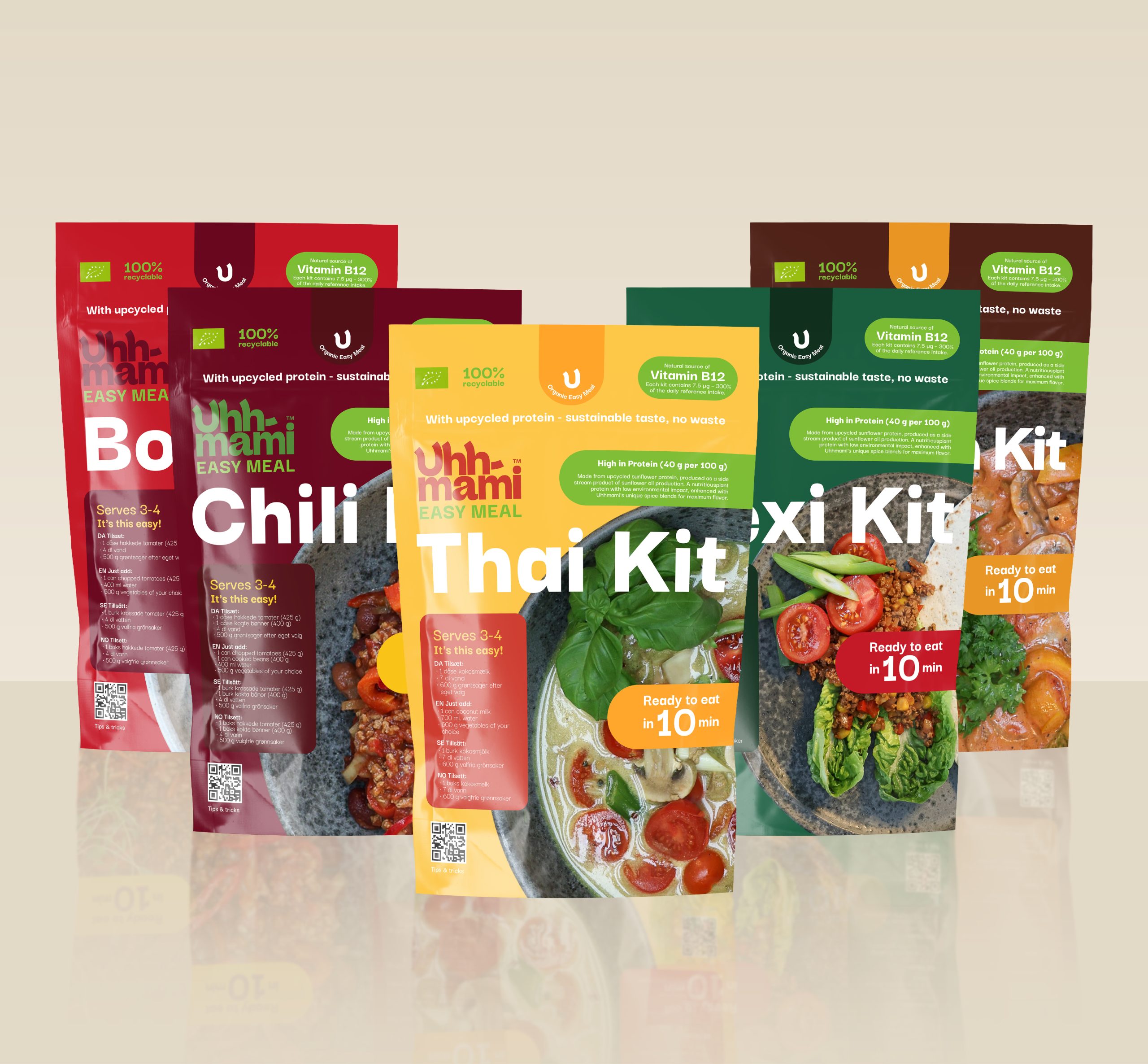 Farverig emballage til Uhmmami Easy Meal kits vises, med muligheder som Thai, Bolo, Mexi, Goulash og Chili. Etiketterne fremhæver hurtig tilberedning og bæredygtighed.