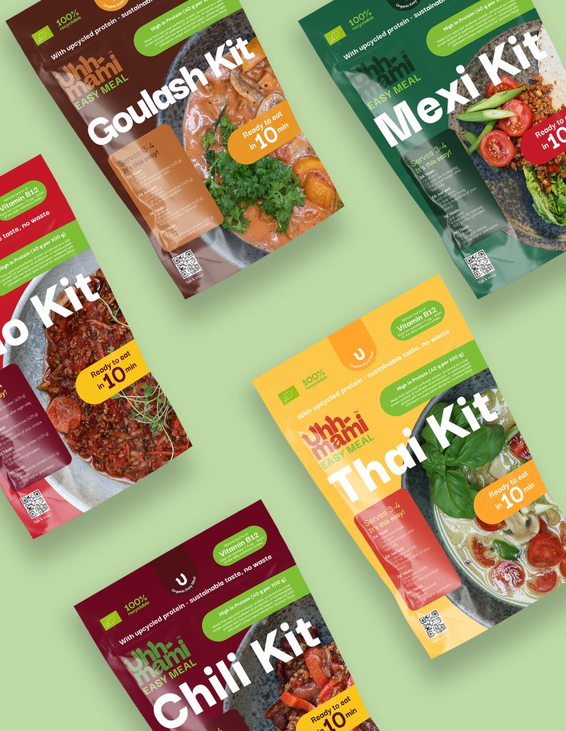 Fem måltidssett på en lysegrønn bakgrunn. Hvert sett, merket med "Easy Meal", har sterke farger og bilder av ulike retter, som gulasj, chili, bolo, mexi og thai. Pakkene fremhever rask tilberedning, "Klar til å spise på 10 minutter", og legger vekt på sunne ingredienser. Tonen er levende og appetittvekkende.
