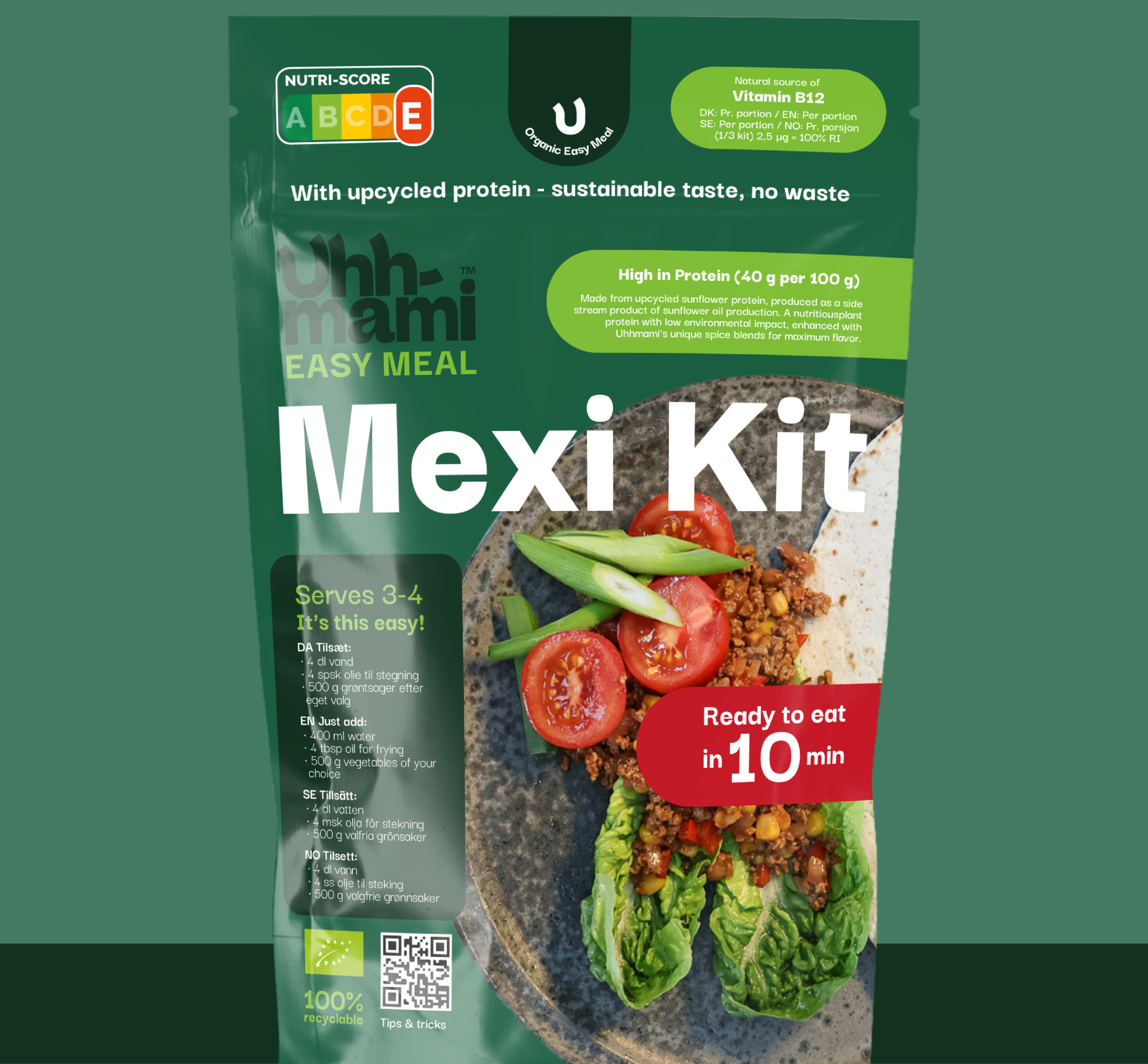 Green packaging of an organic Mexi kit with a bowl of Bolognese, parsley garnish, and text highlighting protein content and sustainability.