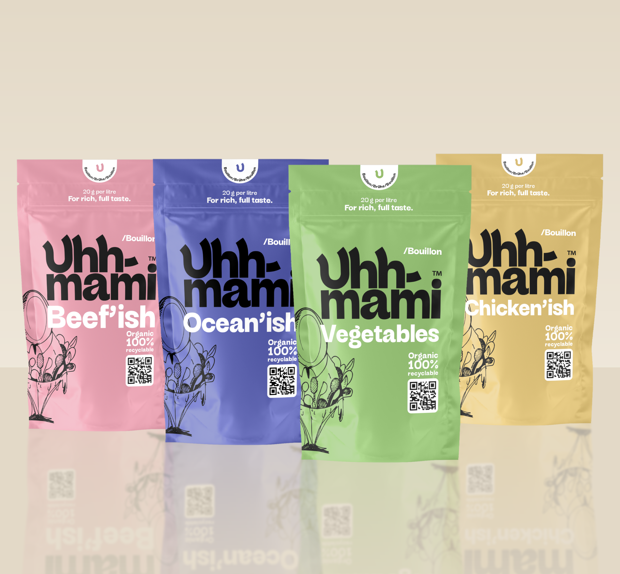Four colorful pouches labeled "Uhh-mami Bouillon": pink for Beef'ish, blue for Ocean'ish, green for Vegetables, and yellow for Chicken'ish. Organic and recyclable.