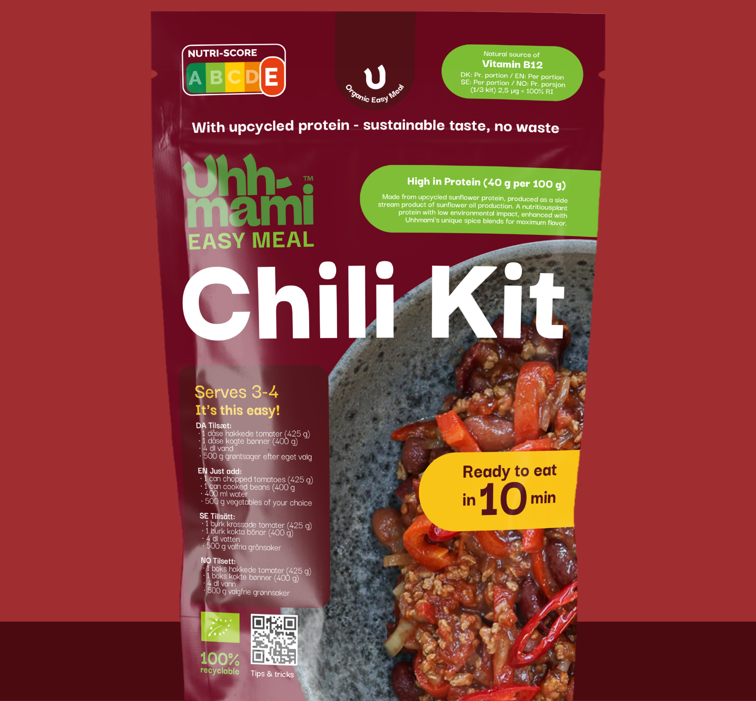 Packaging of an organic "Chili Kit" with upcycled protein by Uhmmami. Features a bowl of chili with red peppers, and labels highlighting sustainability.