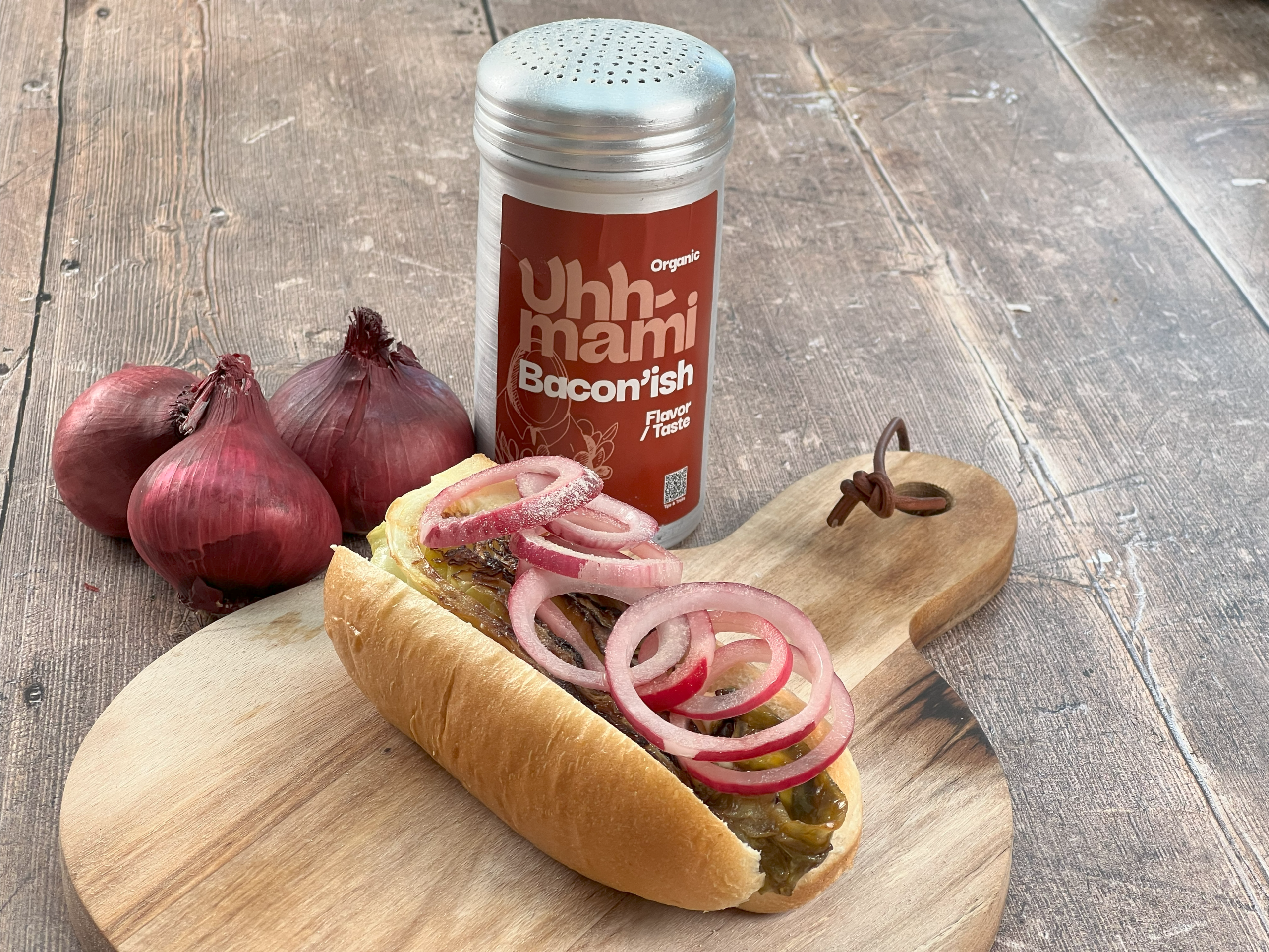 Glazed Cabbage Hotdog with Pickled Red Onions and Bacon’Ish