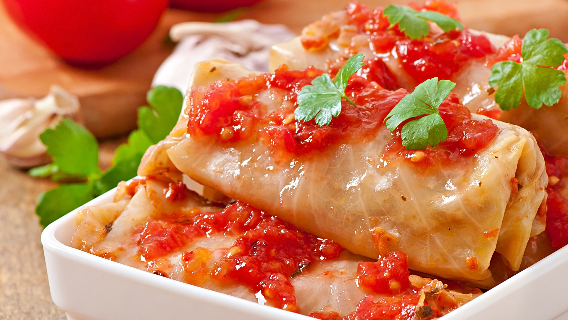 Baked Stuffed Cabbage rolls with Smoky Tomato Sauce